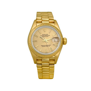 Pre-owned Rolex Datejust watch, 26mm in 18k yellow gold with a champagne dial, fluted bezel, sapphire crystal, President bracelet, and automatic movement.