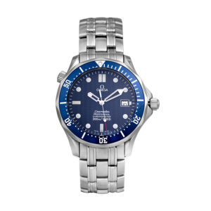 Pre-owned Omega Seamaster 300m "Bond" watch, 41mm in stainless steel with a blue dial, blue bezel, sapphire crystal, folding clasp, and automatic movement.