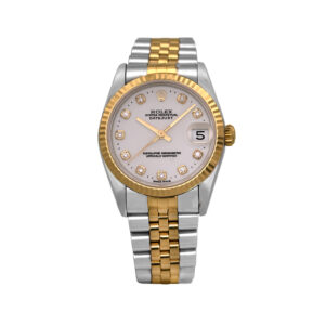Pre-owned Rolex Datejust watch, 31mm in stainless steel and 18k yellow gold with a diamond dial, fluted bezel, sapphire crystal, Jubilee bracelet, folding clasp, and automatic movement.