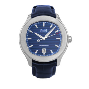 Pre-owned Piaget Polo S watch, 42mm in stainless steel with a blue dial, sapphire crystal, blue leather strap, deployant clasp, exhibition back, and automatic movement, with box.