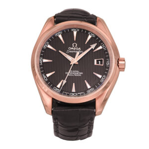 Pre-owned Omega Seamaster Aqua Terra Co-Axial watch, 41.5mm in 18k rose gold with a brown dial, exhibition case back, brown leather strap, foldover buckle, and automatic movement.