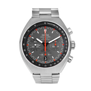 Pre-owned Omega Speedmaster Mark II watch, 42.5mm in stainless steel with a racing grey dial, chronograph, stainless steel bracelet, and automatic movement.