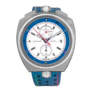 Pre-owned Omega Seamaster Bullhead "Rio 2016" watch, 43mm in stainless steel with a white dial, chronograph, blue leather strap, deployant clasp, and automatic movement, limited edition 218/316, with box & card.