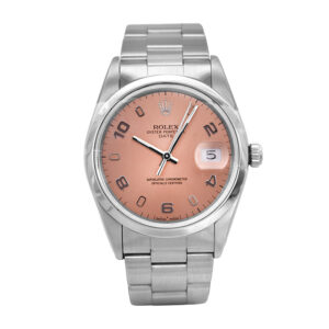 Pre-owned Rolex Datejust watch, 34mm in stainless steel with a rose stick/Arabic dial, smooth bezel, sapphire crystal, Oyster bracelet, folding clasp, and automatic movement.