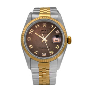 Pre-owned Rolex Datejust watch, 36mm in 18k yellow gold and stainless steel with a brown Jubilee Arabic dial, 18k yellow gold fluted bezel, sapphire crystal, Jubilee bracelet, and automatic movement.