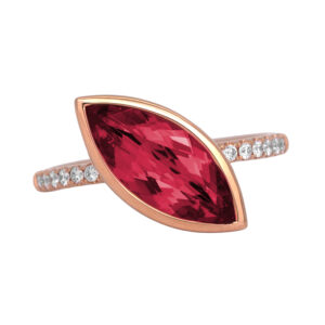 New 18k rose gold ring set with a 3.10 carat marquise garnet plus 0.11 carats of round brilliant earth-mined diamonds.
