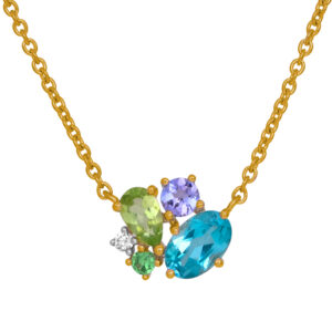 New 14k yellow gold cluster necklace set with 1.09 carats of oval, pear, and round brilliant aquamarine, peridot, tanzanite, and tsavorite plus 0.03 carats of round brilliant earth-mined diamonds on an 18" chain.