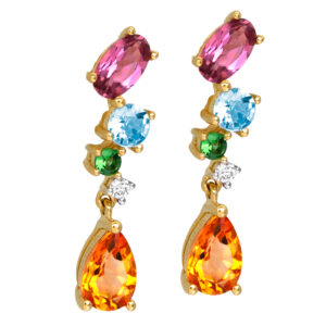 New 14k yellow gold earrings set with 1.78 carats of oval, pear, and round brilliant amethysts, citrines, aquamarines, and tsavorites plus 0.05 carats of round brilliant earth-mined diamonds.
