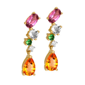 New 14k yellow gold earrings set with 1.78 carats of oval, pear, and round brilliant amethysts, citrines, aquamarines, and tsavorites plus 0.05 carats of round brilliant earth-mined diamonds.