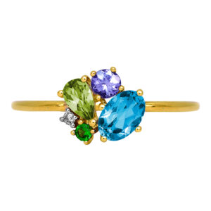 New 14k yellow gold cluster ring set with 1.09 carats of oval and pear blue zircons, peridots, tanzanites, and tsavorites plus 0.03 carats of round brilliant earth-mined diamonds.