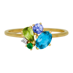 New 14k yellow gold cluster ring set with 1.09 carats of oval and pear blue zircons, peridots, tanzanites, and tsavorites plus 0.03 carats of round brilliant earth-mined diamonds.