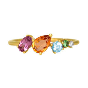 New 14k yellow gold cluster ring set with 0.89 carats of oval, pear, and round brilliant amethysts, citrines, aquamarines, and tsavorites plus 0.03 carats of round brilliant earth-mined diamonds.