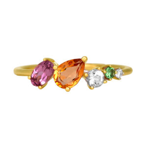 New 14k yellow gold cluster ring set with 0.89 carats of oval, pear, and round brilliant amethysts, citrines, aquamarines, and tsavorites plus 0.03 carats of round brilliant earth-mined diamonds.