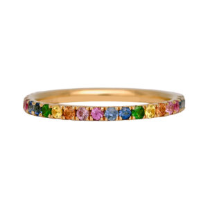New 14k yellow gold band set with 0.36 carats of round brilliant multicolor sapphires plus 0.07 carats of round brilliant tsavorites.