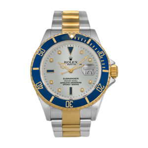 Pre-owned Rolex Submariner watch, 40mm in 18k yellow gold and stainless steel with a silver Certi dial, blue bezel, sapphire crystal, Oyster bracelet, fliplock folding clasp, and automatic movement.