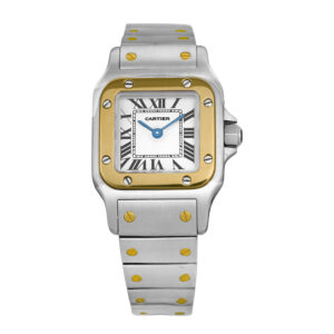 Pre-owned Cartier Santos watch, 24mm in 18k yellow gold and stainless steel with a white dial, sapphire crystal, and quartz movement.