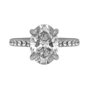 New 14k white gold under halo engagement ring set with a 3.06 carat lab-grown oval diamond plus 0.38 carats of lab-grown round brilliant diamonds.