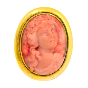 Antique 14k yellow gold pink coral cameo brooch.