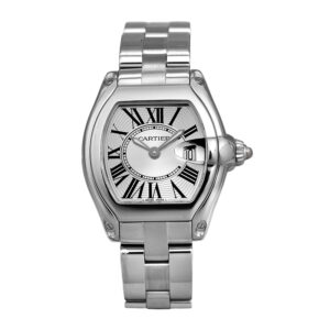Pre-owned Cartier Roadster watch, 30mm in stainless steel with a silver dial, smooth bezel, sapphire crystal, folding clasp, and quartz movement.