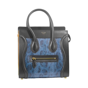 Vintage blue python and tan/black leather Celine Mini Luggage handbag with dust cover.