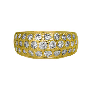 New 14k yellow gold wide band set with 1.26 carats of round brilliant earth-mined diamonds.