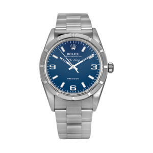 Pre-owned Rolex Air-King watch, 34mm in stainless steel with a blue dial, engine turn bezel, sapphire crystal, Oyster bracelet, deployment clasp, and automatic movement, with box.