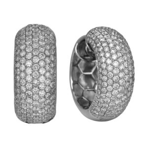 Vintage 18k white gold wide hoop earrings set with 3.89 carats of round brilliant earth-mined diamonds.
