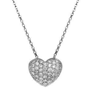 Vintage 18k white gold heart pendant set with 1.20 carats of round brilliant earth-mined diamonds. Shown on an 18″ 14k white gold rolo chain for $575; other lengths & styles available.