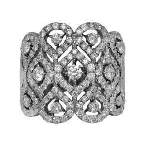 Vintage 18k white gold wide band set with 2.27 carats of round brilliant earth-mined diamonds.