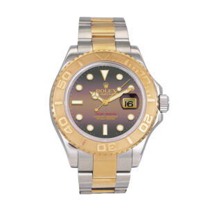 Pre-owned Rolex Yacht-Master watch, 40mm in 18k yellow gold and stainless steel with a black mother-of-pearl dial, 18k yellow gold rotating bezel, Oyster bracelet, fliplock folding clasp, sapphire crystal, and automatic movement, with card.