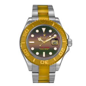 Pre-owned Rolex Yacht-Master watch, 40mm in 18k yellow gold and stainless steel with a black mother-of-pearl dial, 18k yellow gold rotating bezel, Oyster bracelet, fliplock folding clasp, sapphire crystal, and automatic movement, with card.