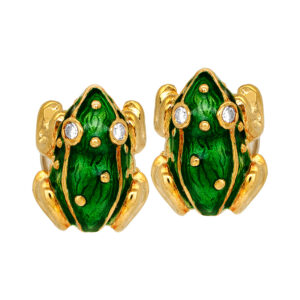 Vintage 18k yellow gold green enamel frog earrings set with 0.08 carats of round brilliant earth-mined diamonds.
