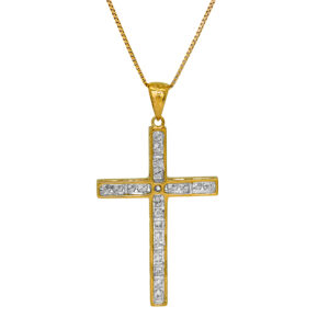 Vintage 18k yellow gold cross pendant set with 1.80 carats of round brilliant earth-mined diamonds. Shown on a 19.5″ 14k yellow gold box chain for $495; other lengths & styles available.