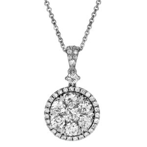 Vintage 14k white gold halo pendant set with 1.60 carats of round brilliant earth-mined diamonds on a 16" cable chain.