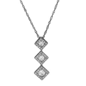 Vintage 14k white gold three square halo pendant set with 1.10 carats of round brilliant earth-mined diamonds on a 17" wheat chain.