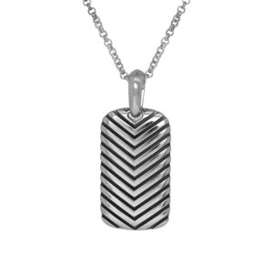 Vintage sterling silver David Yurman Chevron Tag pendant. Shown on an 18″ sterling silver cable chain with a lobster clasp for $75; other lengths & styles available.