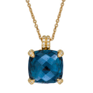 Vintage 18k yellow gold David Yurman Chatelaine pendant set with a 12.80 carat cushion Hampton blue topaz plus 0.12 carats of round brilliant earth-mined diamonds. Shown on a 16″ 14k yellow gold cable chain with a lobster clasp for $695; other lengths & styles available.