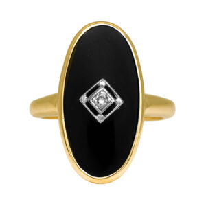 Vintage 14k yellow gold ring set with a oval black onyx plus 0.03 carats of round brilliant earth-mined diamonds.