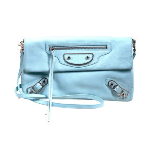 Vintage Balenciaga Classic Envelope light blue leather clutch handbag with strap.