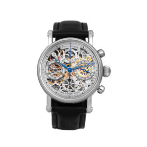 Pre-owned Chronoswiss Opus Chronograph watch, 38mm in platinum with a skeleton dial, sapphire crystal, black leather strap, and automatic movement, limited edition 33/50.