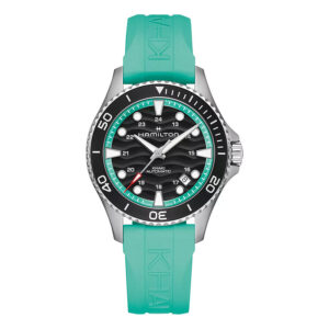 New Hamilton Khaki Navy Scuba watch, 40mm in stainless steel with a black dial, black bezel, sapphire crystal, turquoise rubber strap, tang buckle, and automatic movement.