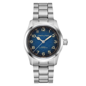 New Hamilton Khaki Field Murph watch, 38mm in stainless steel with a blue to black dial, smooth bezel, sapphire crystal, exhibition case back, stainless steel bracelet, folding clasp, and automatic movement.