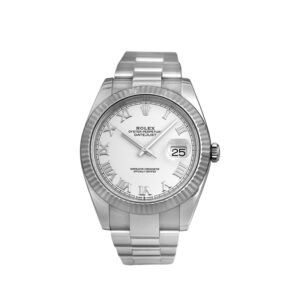 Pre-owned Rolex Datejust watch, 41mm in stainless steel with a white Roman dial, 18k white gold fluted bezel, Oyster bracelet, folding clasp, sapphire crystal, and automatic movement, with card.