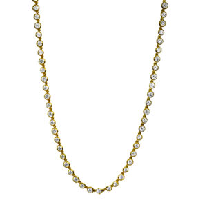 New 14k yellow gold tennis necklace set with 9.25 carats of lab-grown round brilliant diamonds.