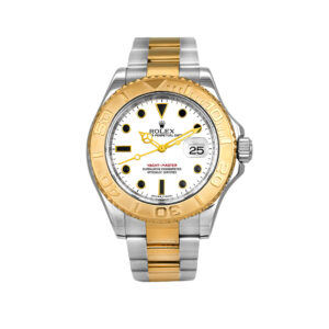 Pre-owned Rolex Yacht-Master watch, 40mm in 18k yellow gold and stainless steel with a white dial, 18k yellow gold rotating bezel, Oyster bracelet, fliplock folding clasp, sapphire crystal, and automatic movement.