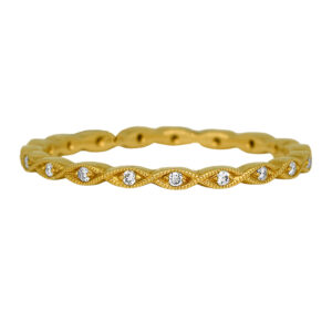 Vintage 18k yellow gold Beverley K Marquise Shape Eternity band set with 0.08 carats of round brilliant earth-mined diamonds.
