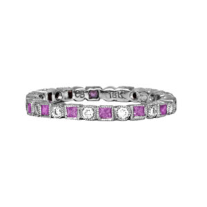 Vintage Beverley K 18k white gold eternity band set with 0.85 carats of princess pink sapphires plus 0.23 carats of round brilliant earth-mined diamonds.