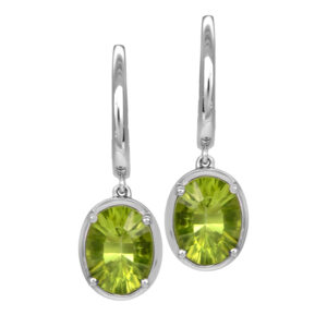 New 14k white gold huggie drop earrings set with 2.58 carats of oval peridots.