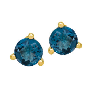 New 14k yellow gold earrings set with 3.72 carats of round pineapple cut blue topaz.