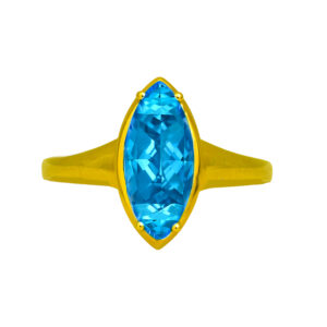 New 14k yellow gold ring set with a 2.50 carat marquise blue topaz.